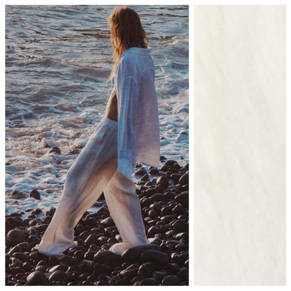 NWT. Zara Oyster-White Lyocell/Viscose Flowy Straight Leg Pants. Size L. - Picture 5 of 11